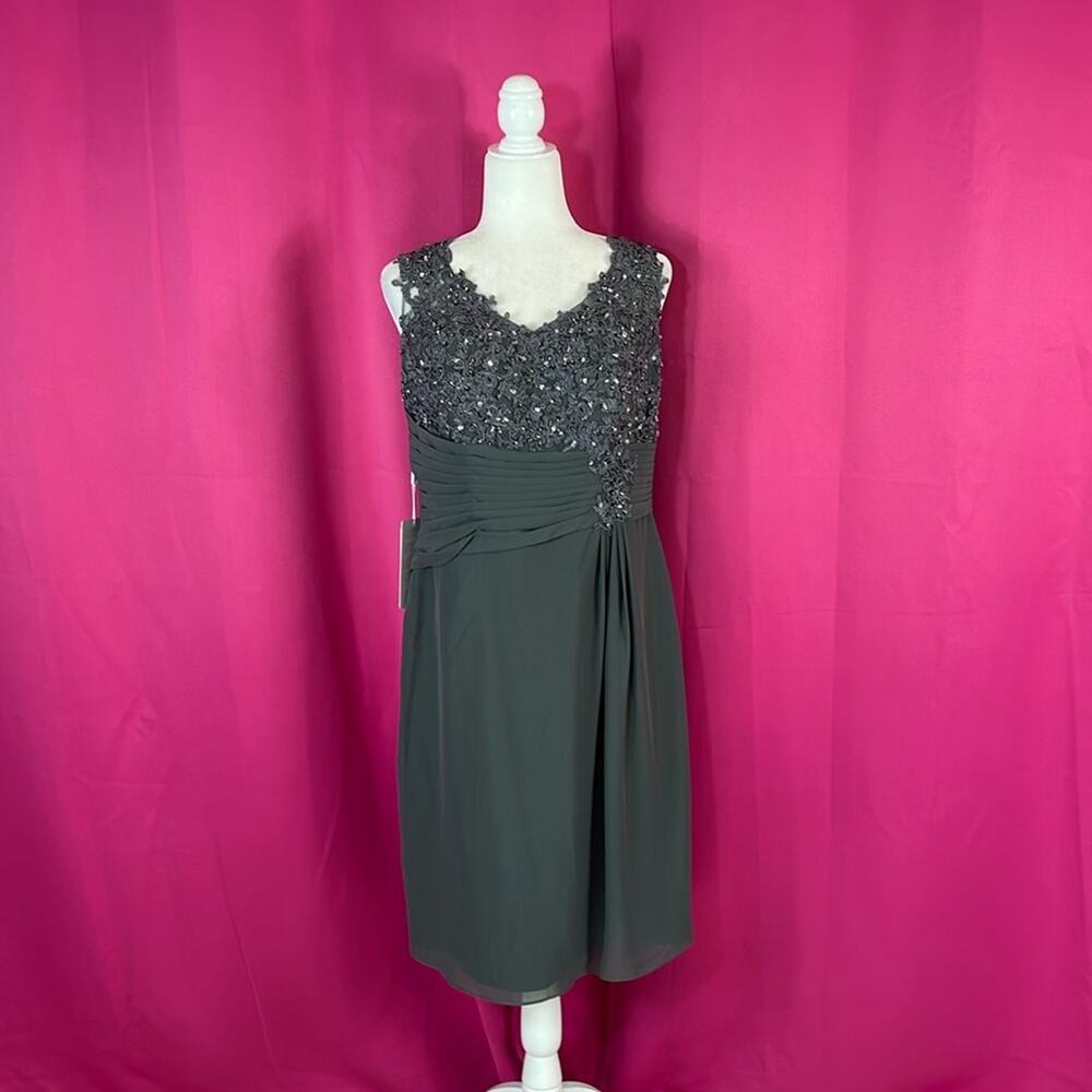 JJ's House steel grey chiffon and lace cocktail party sheath dress, 14 NWT